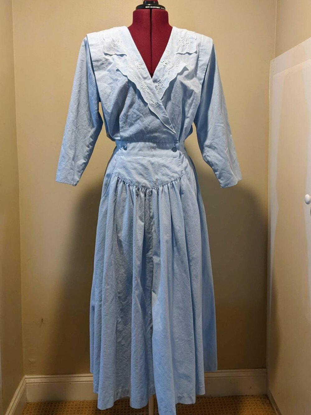 💙 Vintage 80s vintage light blue cotton Romantic Dress – Size M (Rare Find!)